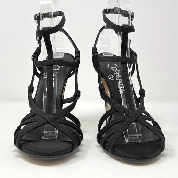 Chanel Gladiator Sandals Black Grosgrain Pearl Heel Strappy 37.5 EU / 7.5  US - Picture 5 of 10